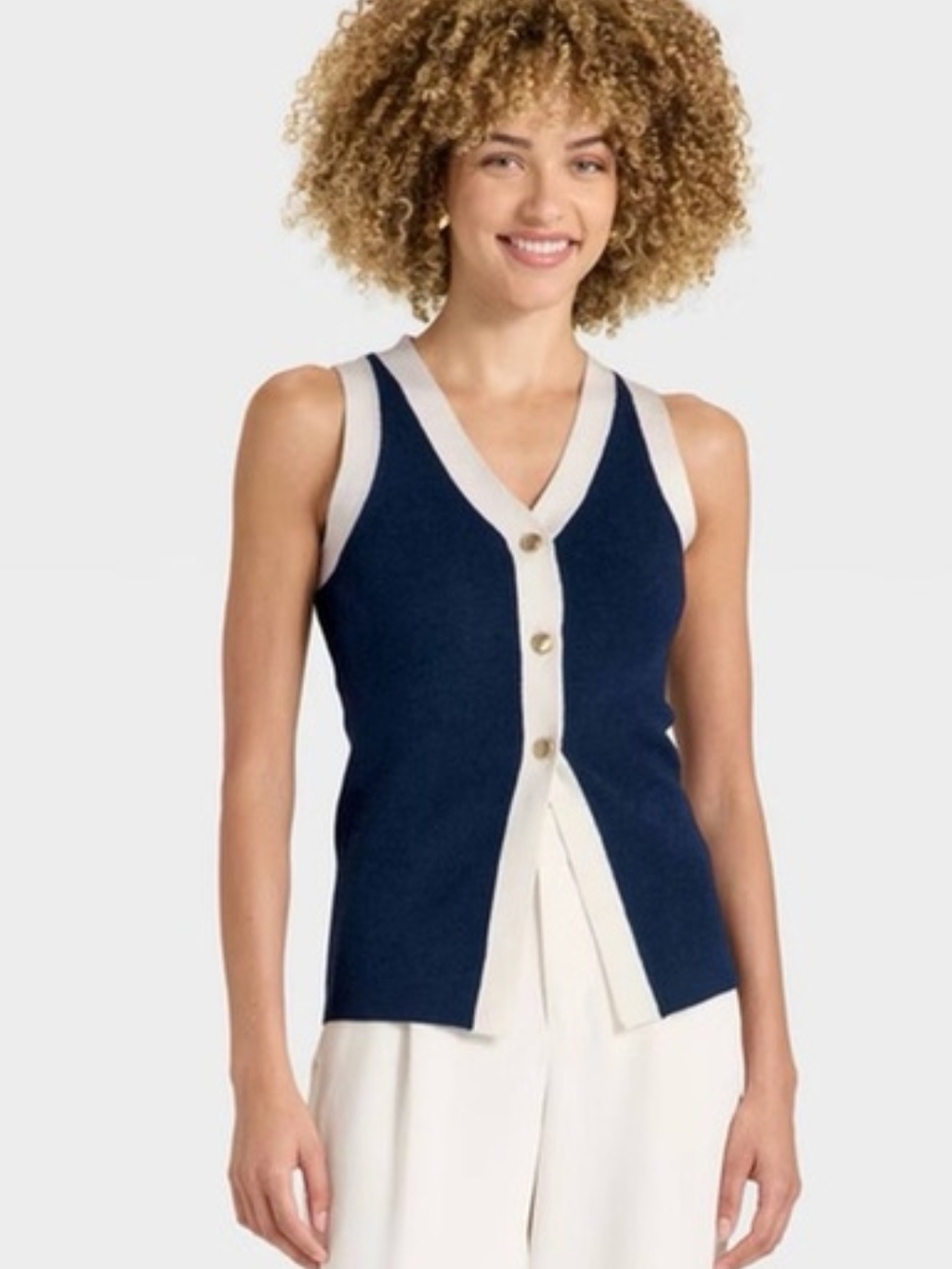 NWT Target Navy & Cream Sleeveless V-Neck Button Front Knit vest